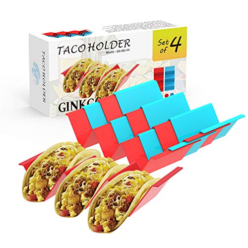 Product Cover GINKGO Taco Holder Stand Set of 4 - Premium Large Taco Truck Tray Style Rack with Handles Holds Up to 3 Tacos Each, PP Health Material Very Hard and Sturdy, Dishwasher & Microwave Safe