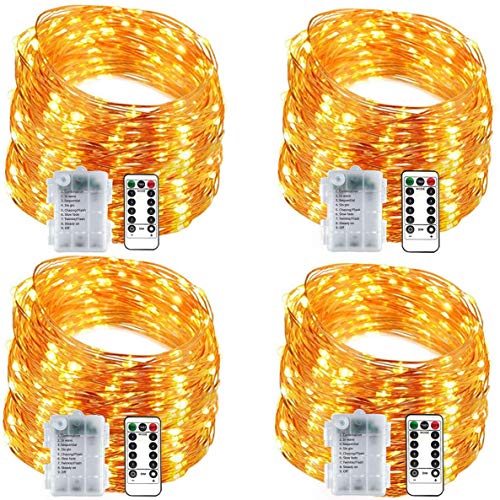 Product Cover 4 Pack Fairy Lights Battery Christmas String Lights, Upgraded Waterproof 8 Modes 16ft 50 LED Copper Wire Lights with Remote Timer Firefly Twinkle String Lights for Bedroom Christmas Party Decor