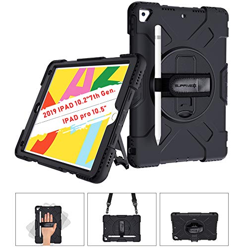 Product Cover iPad 7th Generation Case, SUPFIVES iPad 10.2 Case 2019 with Hand Strap, Shoulder Strap, 360°Rotatable Stand, Pencil Holder Heavy Duty Rugged Shockproof Case for Apple iPad 7th Gen 10.2 (Black)