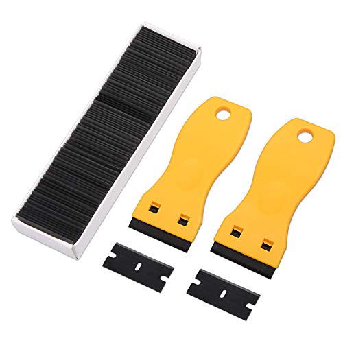 Product Cover FOSHIO 2PCS Yellow Plastic Razor Paint Scrapers Removers with Contoured Grip + 100 PCS 1.5 inch Black Refillable Double Edge Plastic Razor Blades for Cleaning Auto Window Tint Vinyl Decals Stickers