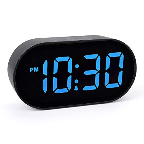 Product Cover [Updated Version] Plumeet Digital LED Alarm Clock with Adjustable Brightness Dimmer and Alarm Volume, Large Blue Digit Display,12-24 Hours, Snooze, Bedroom Clocks with USB Port Phone Charger (Blue)