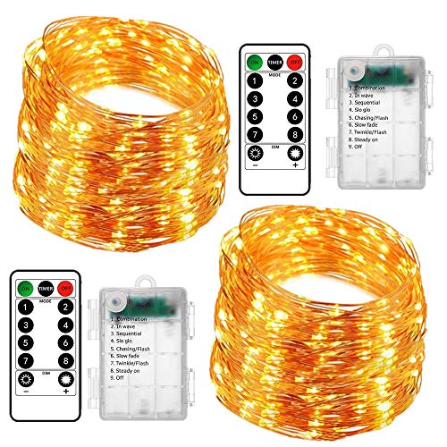 Product Cover Fairy Lights Battery Christmas String Lights 2 Pack 33 Feet 100 LED, Upgraded 8 Modes Waterproof Copper Wire Lights with Remote Firefly Twinkle String Lights for Bedroom Christmas Decor
