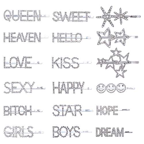 Product Cover 18 Pcs Rhinestone Letter Hair Clips Sparkly Star Hair Pins Crystal Words Letter Hairpins Hair Clips Bling Handmade Luxury Hair Barrettes Headwear Accessories