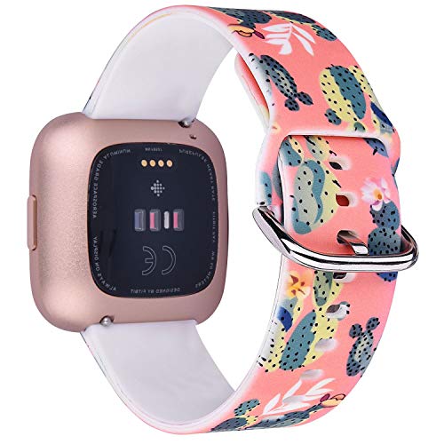 Product Cover TOROTOP Compatible with Fitbit Versa 2 Bands/Versa/Versa Lite/Versa SE Band Women Girls, Sport Silicone Fadeless Floral Pattern Printed Replacement Bands for Versa 2 (Pink Cactus)