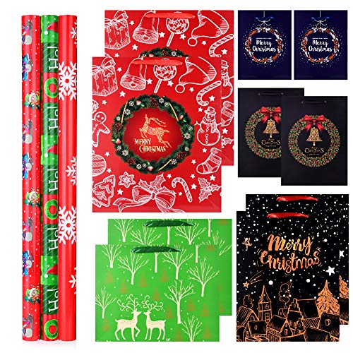 Product Cover Christmas Gift Bags and Wrapping Paper Set for Holiday Gift - 3 Wrapping Paper Rolls and 10 Gift Bags - 5 Different Sizes Gift Bags - Traditional Christmas Designs - Ideal for Family Christmas Gifts