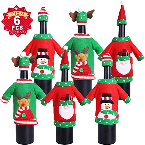 Product Cover Christmas Wine Bottle Cover Knit Sweater Wine Bottle Dress Cartoon Wine Bottle Cover for Christmas Decorations Christmas Sweater Party Decorations (Embroidery cartoon, 6PACK)