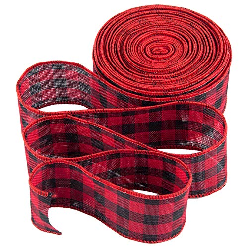 Product Cover Miracliy 33 FT Christmas Ribbon Red and Black Buffalo Plaid Ribbon Wired Edge Burlap Ribbon Wrapping Ribbon for Christmas Decoration, Gift Wrapping (2 Inch x 11 Yards)