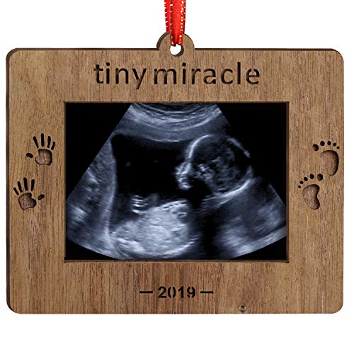 Product Cover Creawoo Nature Wood Christmas Ornament Baby's First Christmas Baby Gift Sonogram Picture Frame Ultrasound Photo Frame Tiny Miracle Keepsake for Expecting Parents and Grandparents (Tiny Miracle)
