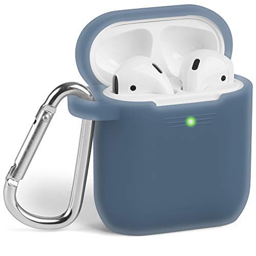 Product Cover GMYLE AirPod Case, Protective Silicone Cover Skins with Keychain for Airpods Earbuds Wireless Charging Case, Accessories Set Compatible with Apple AirPods 1 & 2, Charcoal Blue [Front LED Visible]
