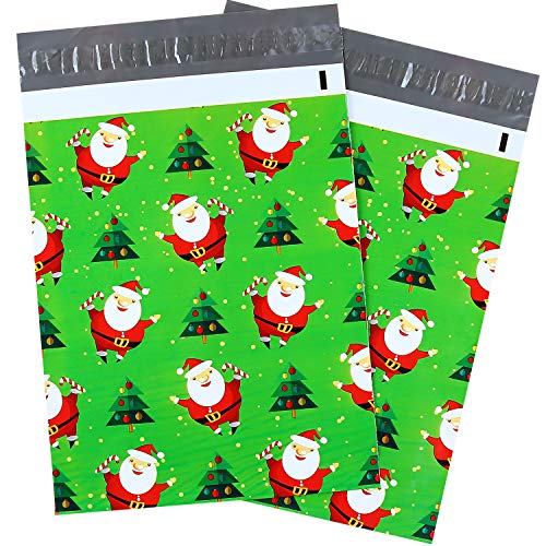 Product Cover 100 Pcs 10 x 13 Santa Claus Christmas Poly Mailers, Chritsmas Tree Mailers Envelopes Shipping Bags with Self Seal Adhesive, Waterproof and Tear-Proof Postal Bags, Green