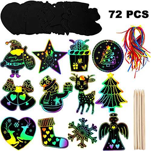 Product Cover Mudder 72 Pieces Christmas Scratch Paper Christmas Scratch Craft Kit with Snowman Christmas Tree Design, 72 Pieces Ribbons and 12 Pieces Wooden Styluses for Xmas Crafts Art Decorations