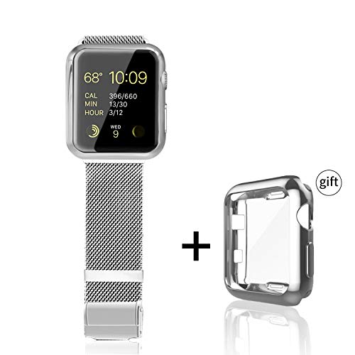 Product Cover Ketting Compatible with Apple Watch Band with Case 38mm 40mm 42mm 44mm, Stainless Steel Sport Band with Protective Case Cover Compatible for iWatch Series 5/4/3/2/1 (Silver, 42mm)