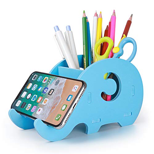 Product Cover Desk Supplies Organizer, Mokani Cute Elephant Pencil Holder Multifunctional Office Accessories Desk Decoration with Cell Phone Stand Office Supplies Desk Decor Organizer Christmas Gift, Blue