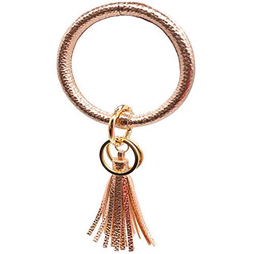 Product Cover Bracelet Bangle Keyring Wristlet Keychain Large Circle Key Ring Pu Leather Tassel Key Holder for Women Girl (Gold)