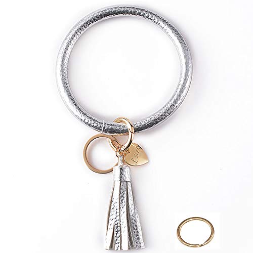 Product Cover Bracelet Bangle Keyring Wristlet Keychain Large Circle Key Ring Pu Leather Tassel Key Holder for Women Girl (Silver)