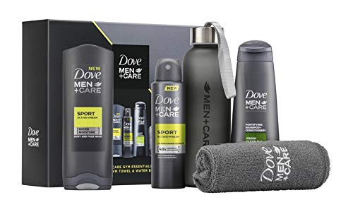 Product Cover Dove Men+Care Gym Essentials Mens Holiday Gift Set, Sport Scent Body Wash and Deodorant, PLUS Gym Towel & Water Bottle