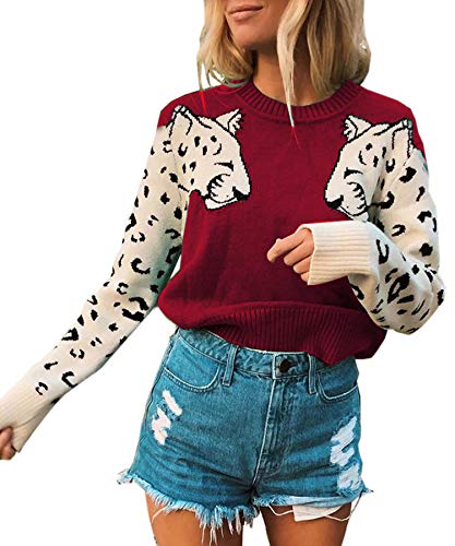 Product Cover Angashion Women's Sweaters Casual Leopard Printed Patchwork Long Sleeves Knitted Pullover Cropped Sweater Tops