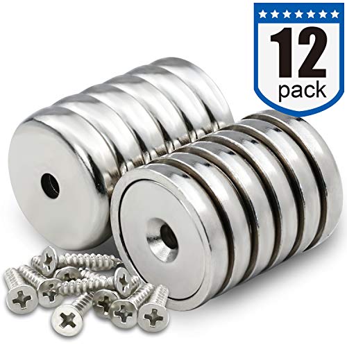 Product Cover Cup Magnets with Countersunk Hole, Magnet with Screw, Industrial Strength Round Base Magnets, 40 lbs Holding Force, Pack of 12