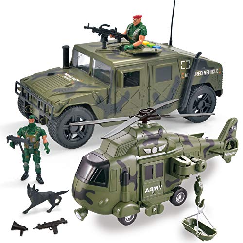 Product Cover JOYIN 2 in 1 Friction Powered Military Vehicle Truck Car Set Including Humvee, Helicopter and Army Men Action Figures with Lights and Sounds / Sirens