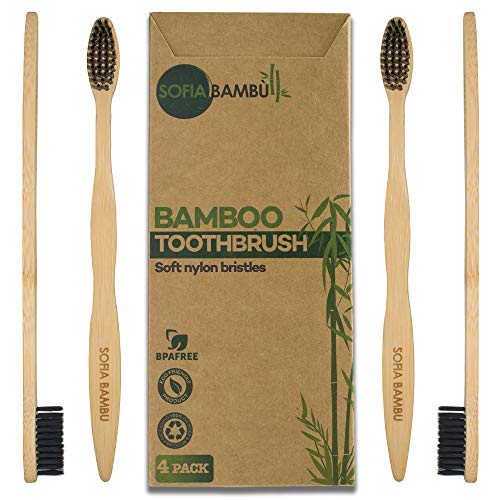 Product Cover Bamboo Toothbrush for Adults & Teenagers | Biodegradable - Eco-Friendly Toothbrush Made of Natural Bamboo Handle & Nylon Bristles - Gentle Soft, Pack of 4
