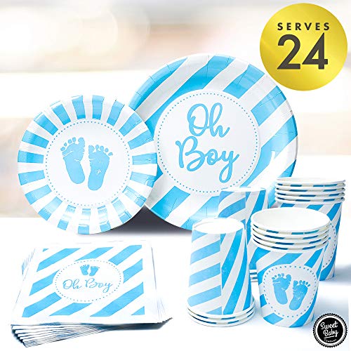 Product Cover Sweet Baby Co. Baby Boy Shower Plates and Napkins Boy for 24 with Oh Boy Paper Plate, Napkin, Cups for Baby Boy Party Decorations, Birthday Tableware, Gender Reveal, Party Supplies (Light Blue, White)