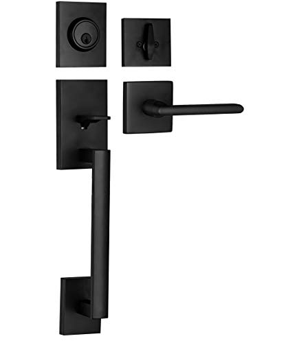 Product Cover Berlin Modisch HandleSet Front Door Entry Handle and Deadbolt Lock Set Slim Square Single Cylinder Deadbolt and Lever Reversible for Right & Left Sided Doors Heavy Duty - Iron Black Finish