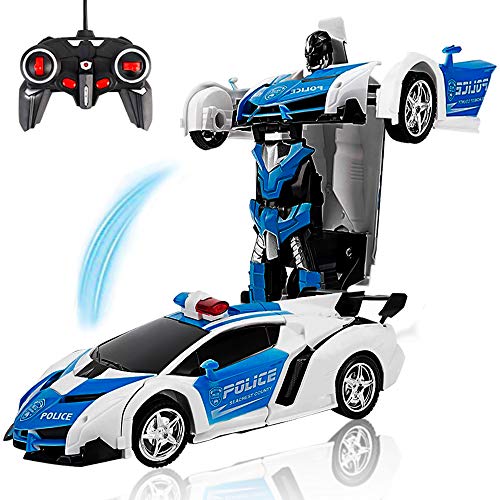 Product Cover Remote Control Transforming Police Car Toy for Kids Boys Girls Gifts - 1:18 Scale RC Transforming Car Robot with One Button Transformation & Realistic Engine Sounds &360 Speed Drifting