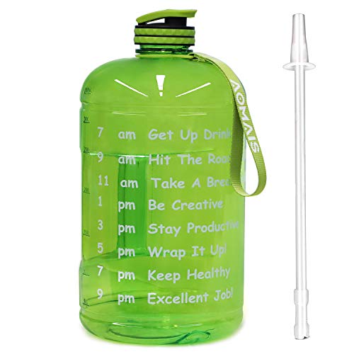 Product Cover AOMAIS Gallon Water Bottle with Straw & Motivational Time Marker, Large 128 oz, Leak-Proof, Wide Mouth, Water Bottles for Sports Gym Fitness Work(1 Gallon, Green)