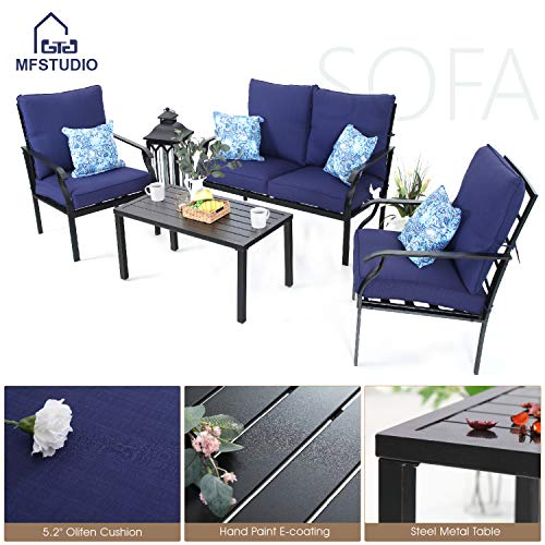 Product Cover MF STUDIO 4 Piece Metal Patio Sofa Set Outdoor Furniture Dining Set Cushioned Conversation Set Backyard Garden Bistro Set, w/Loveseat-2 Chairs and 1 Coffee Table, 4 Free Pillows(Navy-Blue)