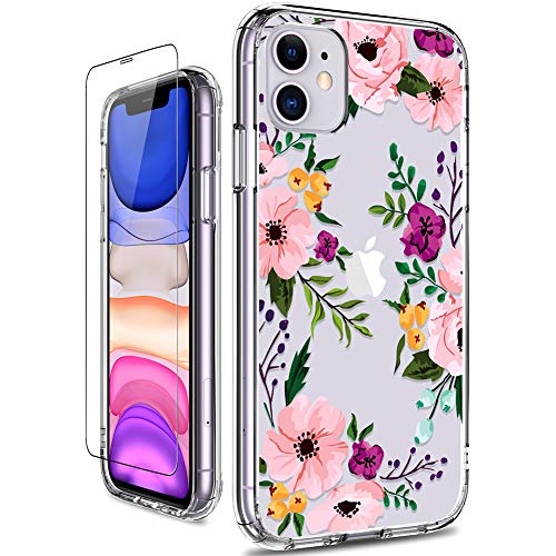 Product Cover GiiKa iPhone 11 Case with Screen Protector, Clear Heavy Duty Protective Case Floral Girls Women Shockproof Hard PC Back Case with Slim TPU Bumper Cover Phone Case for iPhone 11, Small Flowers