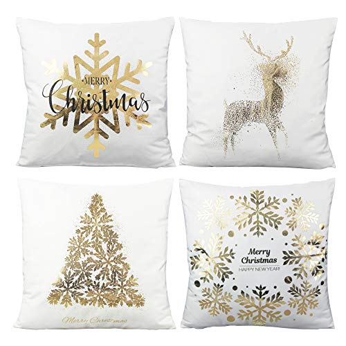 Product Cover All Smiles Merry Christmas Gold White Throw Pillow Covers Cases 18X18 Set of 4 Snowflakes Decorations Xmas Décor Stamping Print Soft Velvet Cushion for Sofa Bed,Christmas Decorative Tree Deer