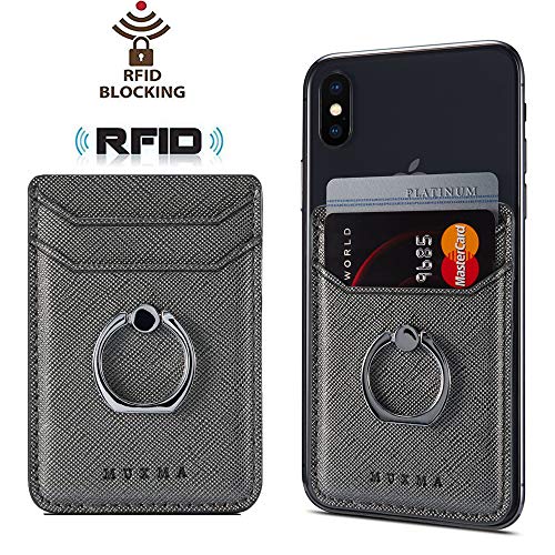 Product Cover Phone Card Holder with Ring Grip for Back of Phone,Adhesive Stick-on Credit Card Wallet Pocket for iPhone,Android and Smartphones,Gun Metal