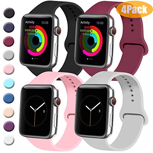 Product Cover Tobfit 4 Pack Sport Bands Compatible with Apple Watch Band 38mm 42mm 40mm 44mm, Soft Silicone Replacement Band Compatible with Watch Series 5/4/3/2/1 (Black/Gray/Wine Red/Pink, 38mm/40mm S/M)