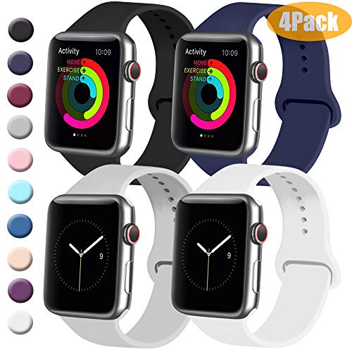 Product Cover Tobfit 4 Pack Sport Bands Compatible with Apple Watch Band 38mm 42mm 40mm 44mm, Soft Silicone Band Compatible with Watch Series 5/4/3/2/1 (Black/Gray/White/Navy Blue, 38mm/40mm S/M)