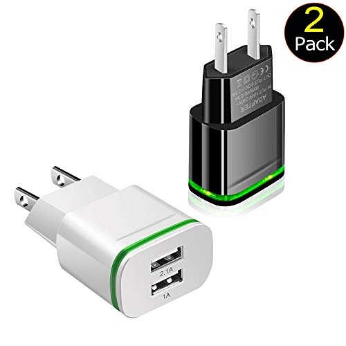 Product Cover USB Wall Charger, 2-Pack Dual Port USB Charger Adapter with LED Indicator 2.1A Universal Power Adapter for iPhone 11/11 Pro/Xs Max/8/7/6, iPad, Samsung, Huawei and More Smart Phone (Black and White)