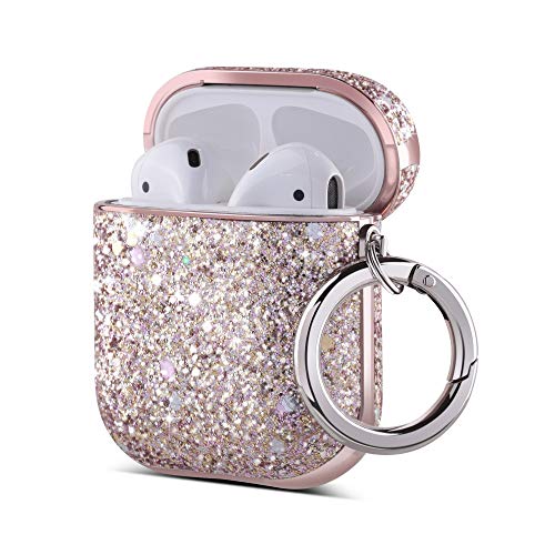 Product Cover ULAK AirPods Case, Luxury Glitter Leather with Mirror Surface Plating Hard Cover,Shockproof Protective AirPod Accessories with Keychain for Apple AirPod Charging Case 2 & 1(LED Visible)(Pink Glitter)