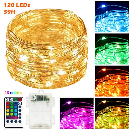 Product Cover Fairy String Lights Remote Control RGBWW Colors 39 FT 120 Led Bulbs Battery Powered Seansonal Copper Wire Lamps Indoor/Outdoor Décor for Christmas Wedding New Year Bday Party (39FT Battery Powered)