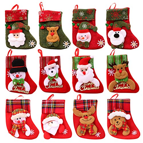 Product Cover JPARR Mini Christmas Stockings, 12 Pack Different Design 6.25 inches Felt Small Christmas Stockings Bulk Snowman Decoration Gift Holder Treat Bags Hanging Mini Xmas Socks for Christmas Tree Decoration