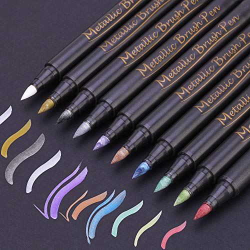 Product Cover Metallic Paint Markers Pen - Brush Tip, for Black Paper, Scrapbook, Calligraphy, Lettering, Art Rock Painting, Card Making, Wine Glass, Set of 10 Colors Art Glitter Markers Pens