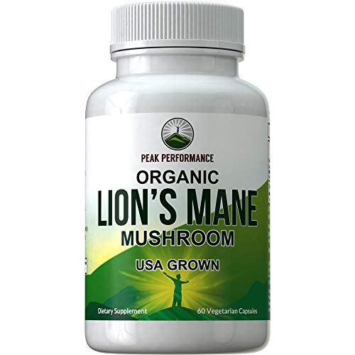 Product Cover Organic Lions Mane Mushroom Capsules (USA Grown) by Peak Performance. Organic Lion's Mane Nootropic Supplement for Memory, Focus, Brain Health, Immune Support. Lion Mane Mushrooms Extract 60 Pills