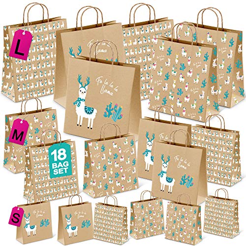 Product Cover 18 Llama Holiday Gift Bags, Kraft Christmas Paper Gift Bags, Small Medium Large Assorted Sizes, Adorable Festive Prints for Holiday Gift Wrapping, Bulk Xmas Bag Set, Reusable Recyclable