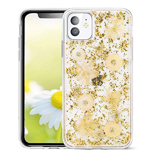Product Cover FUZVOL Flower Case for iPhone 11 Clear Floral Cases for Girls Women, Slim Cute Girly Bling Sparkle Glitter Dry Real Flowers Protective Case Cover Compatible with Apple iPhone 11 6.1 Inch 2019, Gold