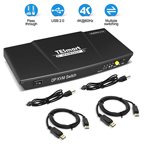 Product Cover TESmart 2 Port DisplayPort 4K@60Hz Ultra HD 2x1 DP KVM Switcher with 2 Pcs 5ft KVM Cables and DP Cables Supports USB 2.0 Devices Control up to 2 DP Port Devices
