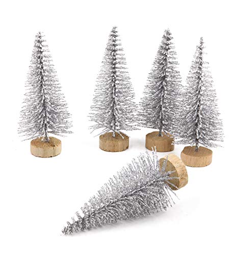 Product Cover Goldenlight 10Pcs Artificial Mini Christmas Trees Mini Pine Tree Sisal Trees Miniature with Snow Wood Base Ornaments for Christmas Table Top Decor Winter Crafts (Silver, 10Pcs - Height 6.5cm)