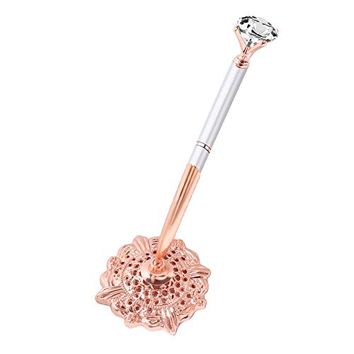 Product Cover RUTICH Hollow Round Pen Holder Signing Pen Set with Big Diamond Crystal Pen for Wedding Bridal Opening Ceremony Graduation Office, Rose Gold Holder with Silver Pen(Black Ink)
