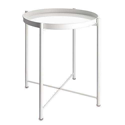 Product Cover EKNITEY End Table,Folding Metal Side Table Waterproof Small Coffee Table Sofa Side Table with Removable Tray for Living Room Bedroom Balcony and Office (White)