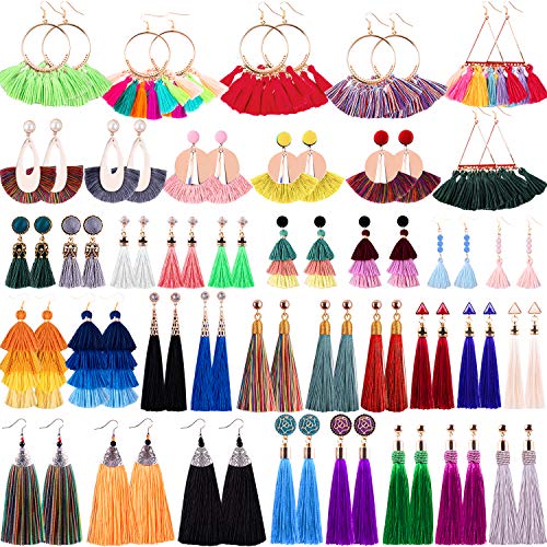Product Cover Duufin 38 Pairs Tassel Earrings Colorful Long Layered Tassel Earrings Dangling Thread Ball Earring Hoop Fringe Bohemian Tiered Statement Earrings for Women Girls