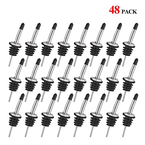Product Cover 48 Pack Stainless Steel Classic Bottle Pourers Tapered Spout - Liquor Pourers with Rubber Dust Caps