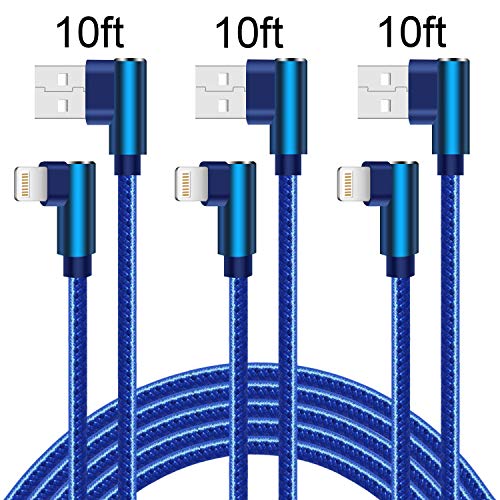 Product Cover 90 Degree Lightning Cable 10 FT Right Angle iPhone Charger Cable 3 Pack Nylon Braided Fast Charging Cord for iPhone/iPad (10Feet, Blue)