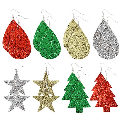 Product Cover Sntieecr 8 Pairs Christmas Glitter Faux Leather Earrings Christmas Tree Star Drop Earrings Lightweight Teardrop Long Dangle Earrings for Women Christmas Costume Party Decorations